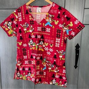 Women’s Disney Scrubs Top Christmas Print Mickey Minnie XS Donald Daisy Goofy